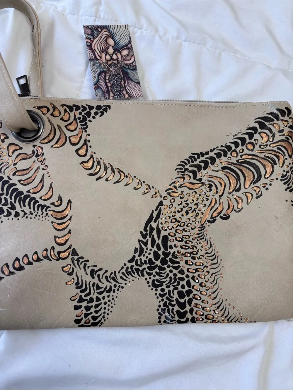 Wristlet Clutch in Taupe with Black and Metallic Accents. Hand painted